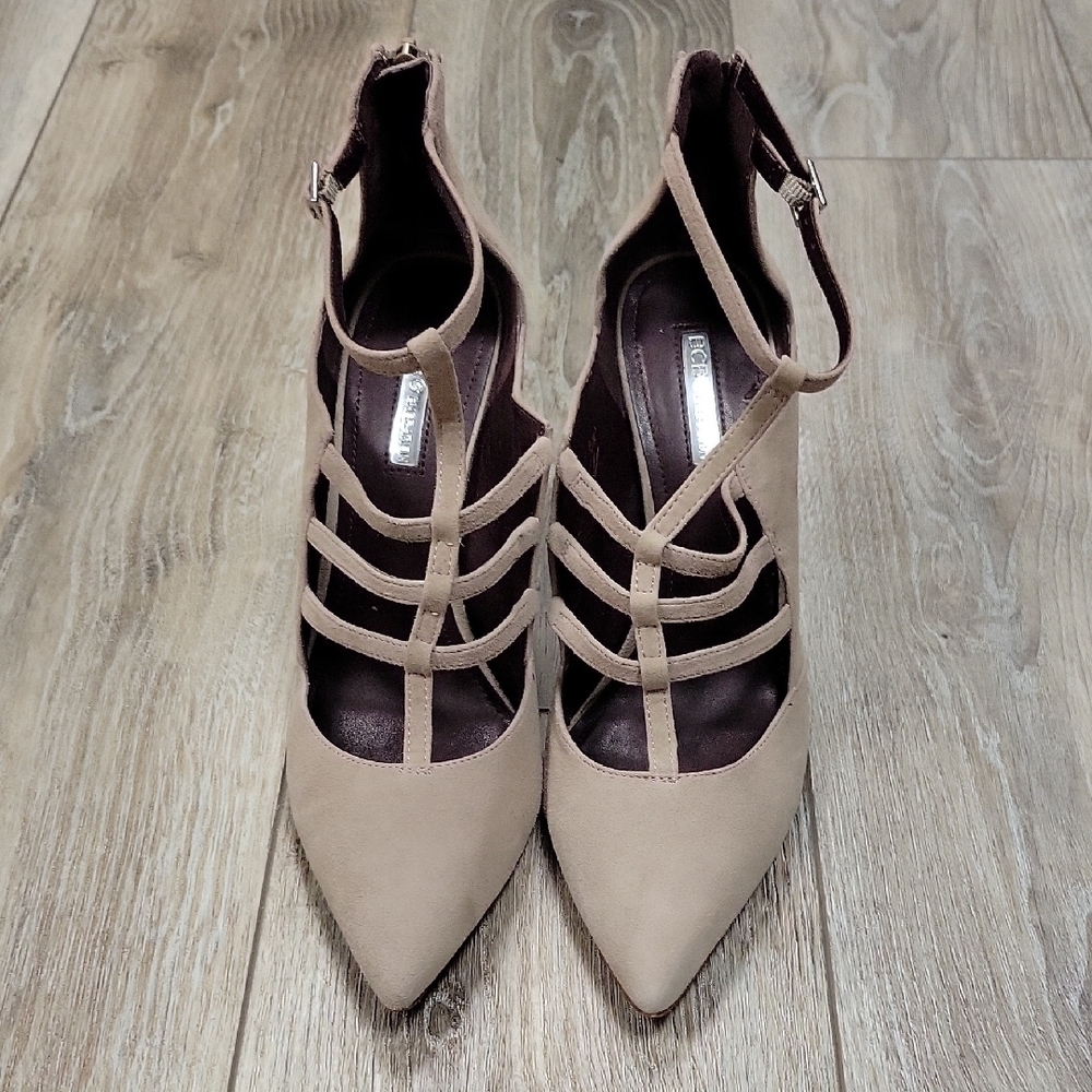 BCBGeneration Size 9 Thatcher Tan Suede Leather T-Strap Stiletto Pumps - Picture 4 of 8